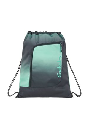 Kordelzug-Rucksack in Schwarz und Türkis Ombre, mit einer seitlichen Reißverschlusstasche und Logo-Detail, aus strapazierfähigem, strukturiertem Stoff gefertigt.