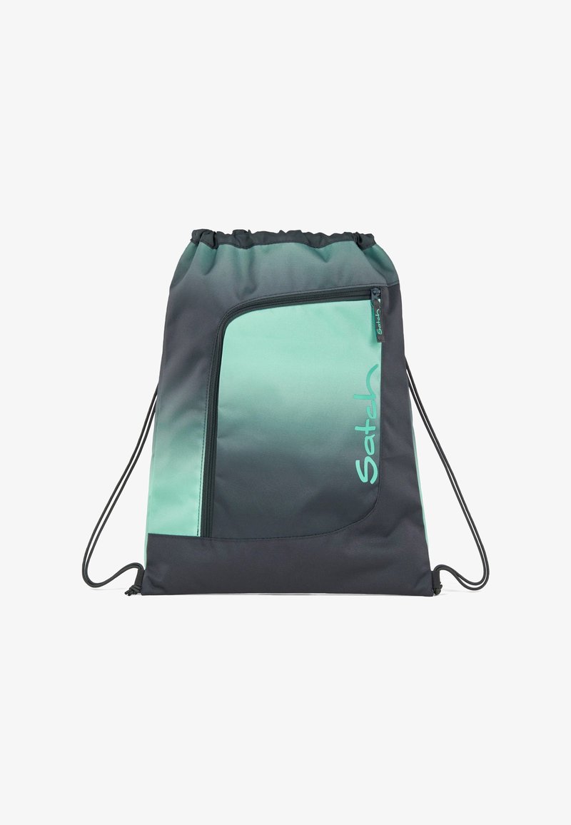 Kordelzug-Rucksack in Schwarz und Türkis Ombre, mit einer seitlichen Reißverschlusstasche und Logo-Detail, aus strapazierfähigem, strukturiertem Stoff gefertigt.