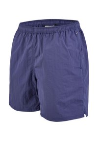 Purple, lightweight swim shorts with an elastic waistband, side pockets, and small side slits for flexibility. Smooth, textured fabric.