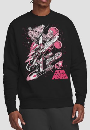 Black sweatshirt with pink and white Star Wars spacecraft, planets, and stars graphic with "Star Wars" text on front.