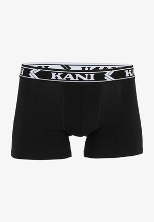 Černé boxerky vyrobené z měkké látky, s bílým elastickým pasem s logem "KANI" a kontrastními detaily.