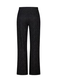 Zwarte broek met een gestructureerd bloemenpatroon, een ontwerp met wijd uitlopende pijpen en een elastische tailleband, gemaakt van zacht stretchmateriaal.