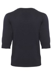 Pull en maille bleu marine foncé avec des manches trois-quarts, un col arrondi et des poignets côtelés. Texture lisse et coupe ajustée. Sans ornements.
