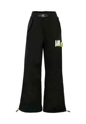 Zwarte wijde broek van zacht materiaal, met een trekkoord in de taille, riem, zijzakken en opvallende witte "BARB" letters met neonaccenten.