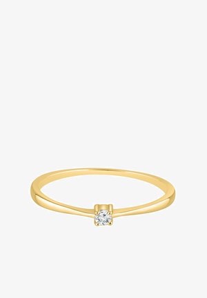 Zlata zanka z gladkim, tankim trakom in okroglim, žarečim diamantom, nameščenim v štiri-prong držalu na sredini.