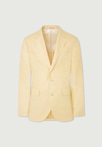 Blazer de lino amarillo con solapa de muesca, dos bolsillos frontales y cierre de dos botones. Presenta un forro de color claro y una tela texturizada.