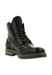 Stivali alla caviglia in pelle nera con dettagli marroni, punta rotonda, allacciatura frontale, cerniera laterale e tessuto testurizzato nella parte superiore. Suola in gomma.