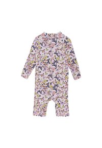 Långärmad bodysuit i ljusrosa med ett fjärilstryck. Har dragkedja på ryggen, korta ben och elastiska muddar vid ärmar och ben.