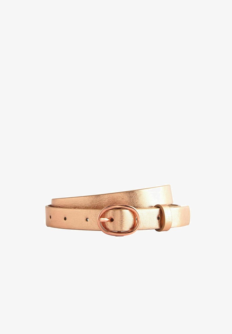 Gold leather belt with a smooth texture, featuring a round rose gold buckle and multiple adjustment holes along the strap.