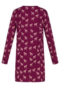 Šaty s dlouhým rukávem vyrobené z tmavě fialové látky, zdobené opakujícími se vzory světle růžového jednorožce a malými hvězdami, s kulatým výstřihem.