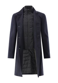 Dunkelblauer Wollmantel für Herren mit schwarzer, gesteppter innenseitiger Reißverschluss-Fütterung, langen Ärmeln und Knopfverschluss auf der Außenseite.