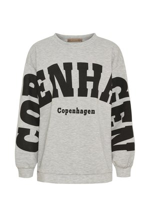 Lysegrå sweatshirt med lange ærmer og fed sort "COPENHAGEN" tekst tværs over bryst og ærmer, med ribkant på ærmer og bund.
