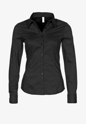 Chemise noire cintrée à manches longues avec col pointu et boutons sur le devant, taillée pour une silhouette fine.