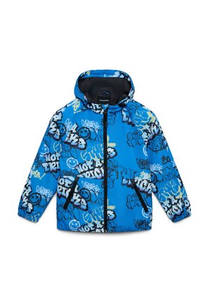 Giacca con cappuccio blu caratterizzata da un design a graffiti con accenti neri e gialli. Realizzata in materiale leggero con zip frontale e tasche.