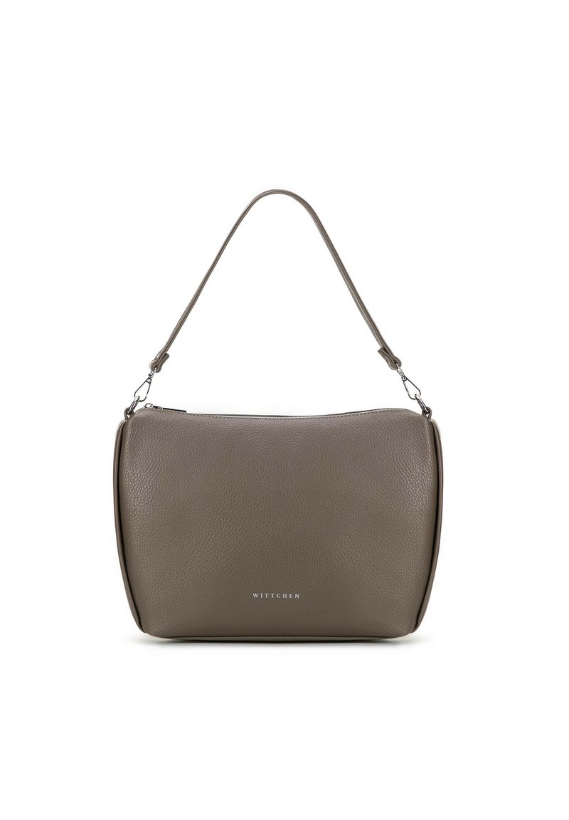 Szara torebka na ramię z teksturowanej skóry w zaokrąglonym prostokątnym kształcie, z jedną regulowaną rączką, zamknięciem na zamek błyskawiczny oraz logiem "WITTCHEN" na przedzie.