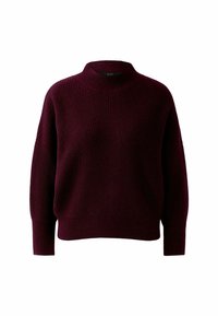 Burgunderfarbener Strickpullover mit hohem Kragen, überschnittenen Schultern und gerippter Struktur. Lockere Passform mit langen Ärmeln und weichem Material.
