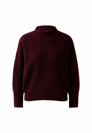 Burgunderfarbener Strickpullover mit hohem Kragen, überschnittenen Schultern und gerippter Struktur. Lockere Passform mit langen Ärmeln und weichem Material.