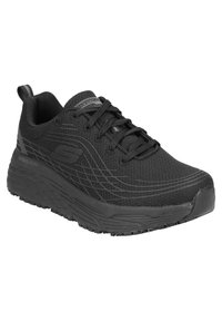Scarpa sportiva nera con tomaia in rete sintetica, collo imbottito, design con lacci, suola testurizzata e logo laterale prominente. Ideale per il lavoro.