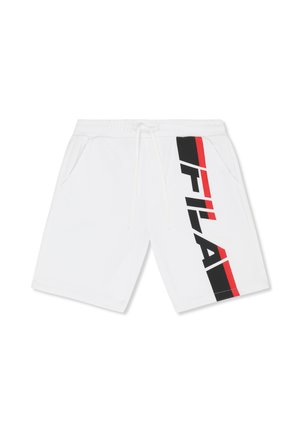 Białe szorty z bocznymi kieszeniami i pionowym czarno-czerwonym logo FILA na prawej nogawce, z regulowanym paskiem w talii na sznurek.