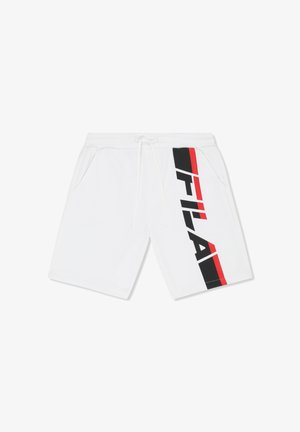 Weiße Shorts mit seitlichen Taschen und einem vertikalen schwarzen und roten FILA-Logo am rechten Bein, mit einem Taillenbund zum Zuziehen.