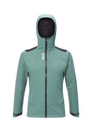 Green hooded softshell jacket with black zippers, black shoulder patches, and "Millet" logo on the chest and sleeve.