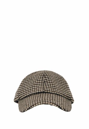 Braune und beige Baseballkappe mit Hahnentrittmuster und gebogenem Schirm vor weißem Hintergrund.