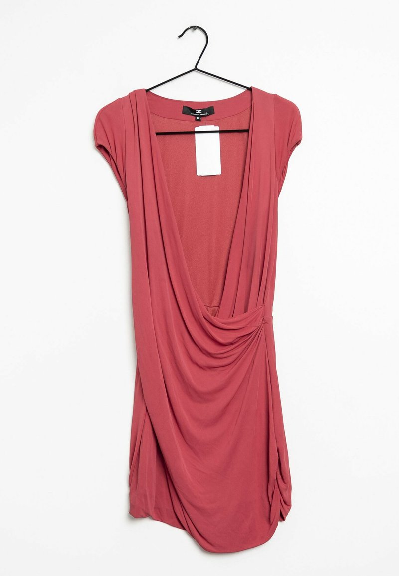 Šaty v prachově růžové barvě, vyrobené z měkké tkaniny, s krátkými rukávy, hlubokým výstřihem a nařasenými detaily v pase. Označeno štítkem.