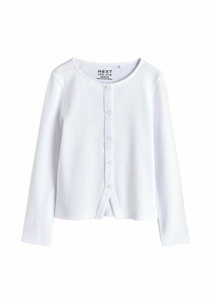 Biely dlhý rukáv rebrovaný kardigán na gombíky s okrúhlym výstrihom a piatimi gombíkmi na prednej strane.