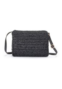 Schwarze gewebte Handtasche mit rechteckiger Form, strukturierter Oberfläche, abnehmbarem Lederriemen und goldfarbenen Beschlägen zur Längenverstellung.