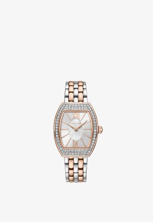 Elegante tweekleurige zilveren en roségouden polshorloge met rechthoekige wijzerplaat, diamantbezette lunette en Romeinse cijfers op 12 en 6 uur.