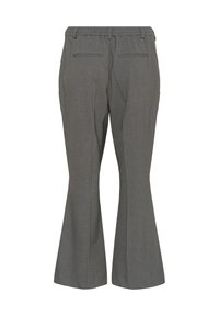 Pantalons évasés gris avec une taille élastique, dotés de deux poches arrière et d'une texture lisse. Conçus pour une coupe ample et décontractée.