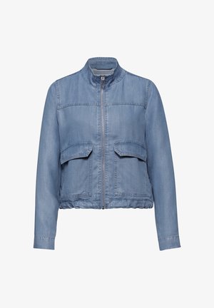 Veste en jean bleu clair avec fermeture éclair devant, col montant, manches longues et deux grandes poches à rabat à la taille.