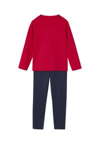 Red long-sleeve shirt with a crew neckline paired with navy leggings. Both made of smooth, stretchy fabric, designed for comfort.