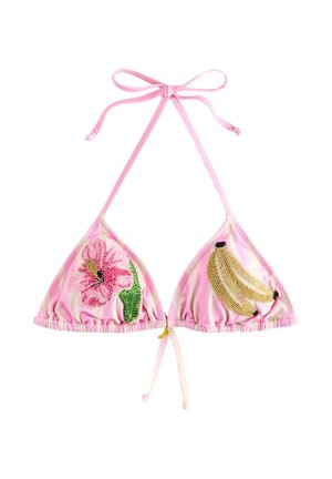 Pink gestreiftes Bikini-Oberteil mit einer perlenbesetzten pinken Blume auf einem Cup und perlenbesetzten Bananen auf dem anderen, gebunden mit dünnen pinken Bändern.