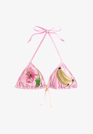 Bustieră de bikini cu dungi roz, cu o floare roz din mărgele pe o cupă și banane din mărgele pe cealaltă, prinsă cu bretele subțiri roz.