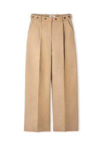 Beige high-waisted broek gemaakt van gestructureerde stof, met ruime pijpen, voorplooien en twee knopen bij de tailleband.