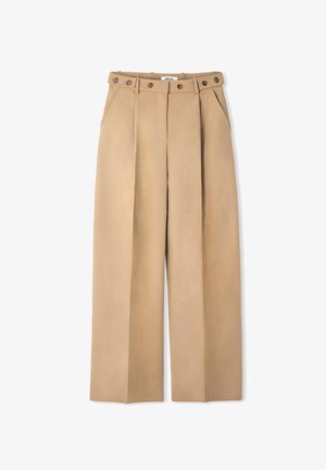 Beige hochtaillierte Hosen aus strukturiertem Stoff, mit weitem Bein, vorderen Falten und zwei Knöpfen am Bund.