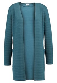 Tyrkysový cardigan vyrobený z texturovaného materiálu, s dlouhými rukávy, otevřeným předním dílem a dvěma bočními kapsami. Hladká vnitřní podšívka.