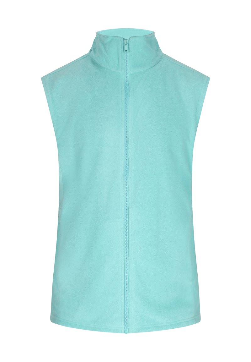 Helles blauer ärmelloser Fleece-Westen mit hohem Kragen und vorderem Reißverschluss. Weiche Textur, minimalistisches Design und keine zusätzlichen Verzierungen.