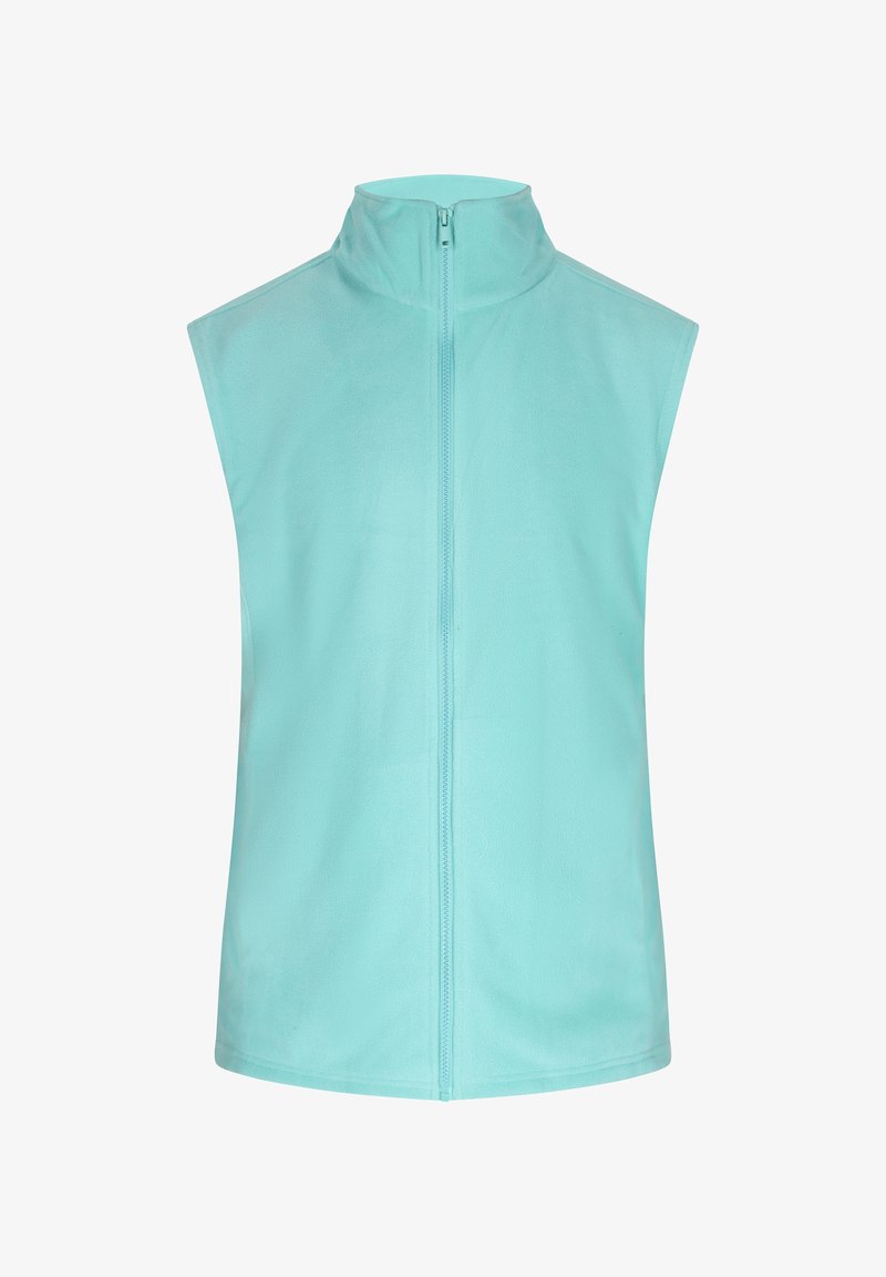 Helles blauer ärmelloser Fleece-Westen mit hohem Kragen und vorderem Reißverschluss. Weiche Textur, minimalistisches Design und keine zusätzlichen Verzierungen.