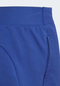 Shorts de sport bleus avec une taille texturée, tissu lisse et une poche latérale zippée pour un rangement sécurisé.