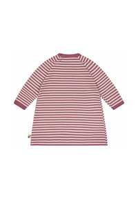 Abito a maniche lunghe con righe orizzontali bordeaux e crema, scollatura rotonda con chiusura a bottone, realizzato in morbido tessuto di cotone.