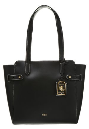 Bolso tote de cuero negro con asas dobles, costuras blancas, logo dorado "RLL" cerca de la base y una etiqueta colgante negra y dorada de Ralph Lauren.
