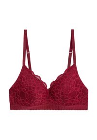Roter Spitzen-BH mit floralen Mustern, verstellbaren Schulterträgern und einer gewellten Kante entlang der Oberseite der Körbchen.