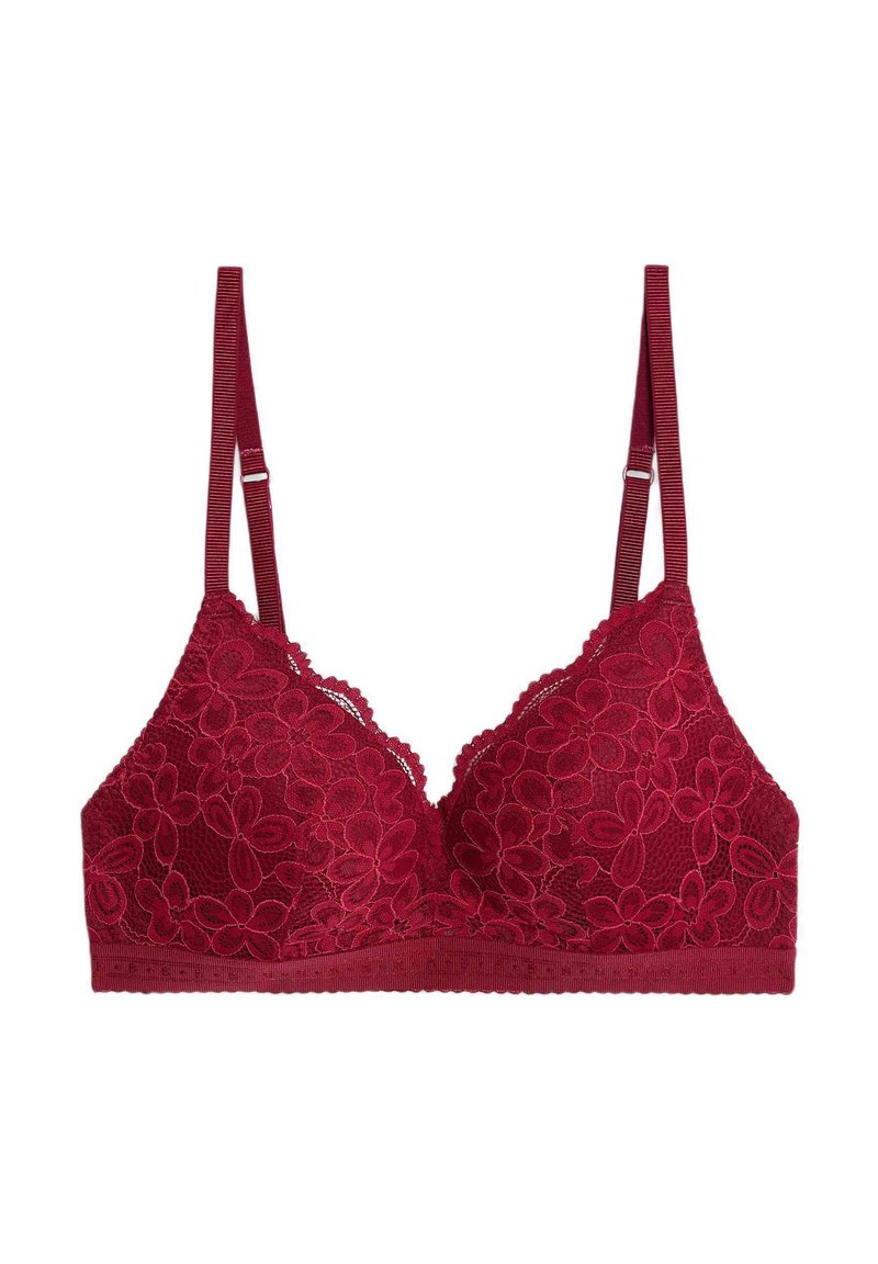 Roter Spitzen-BH mit floralen Mustern, verstellbaren Schulterträgern und einer gewellten Kante entlang der Oberseite der Körbchen.