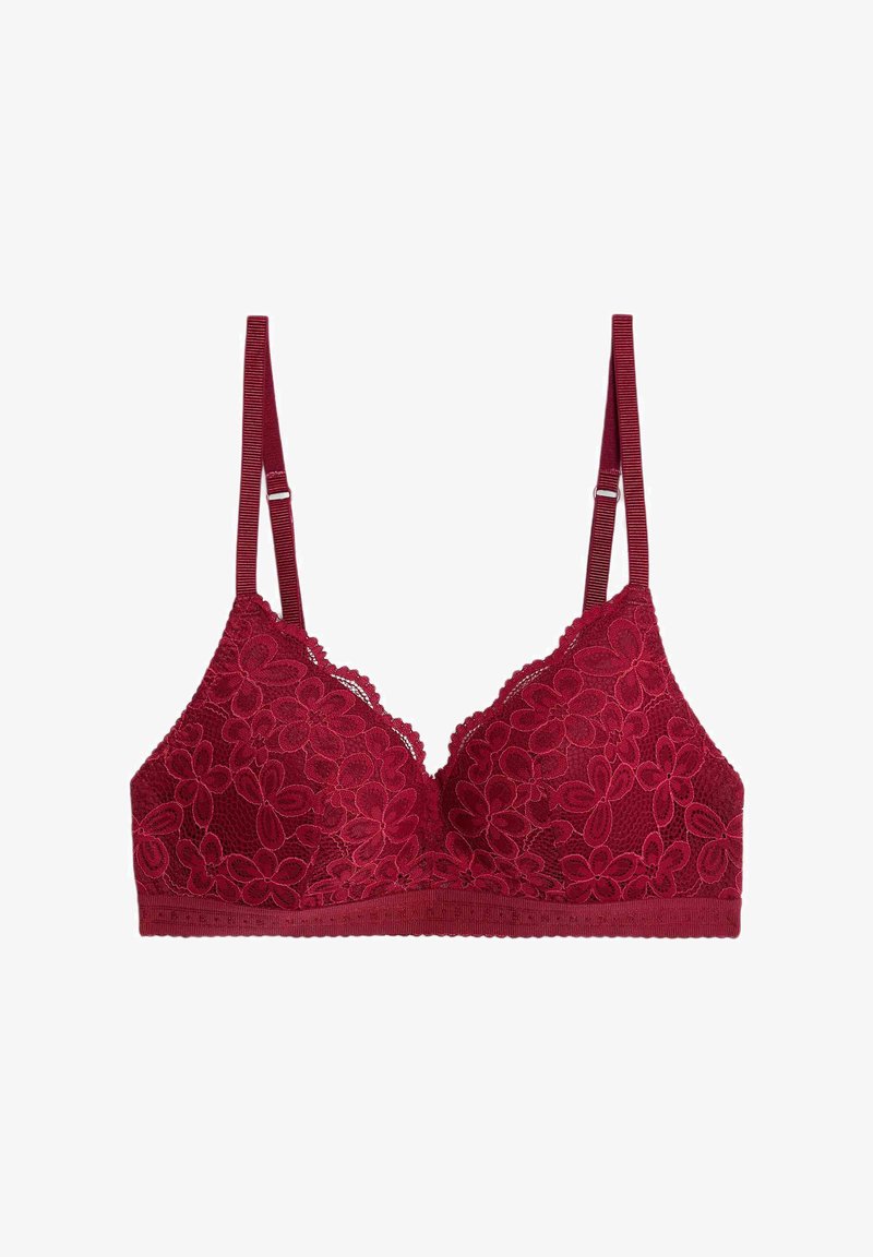 Roter Spitzen-BH mit floralen Mustern, verstellbaren Schulterträgern und einer gewellten Kante entlang der Oberseite der Körbchen.
