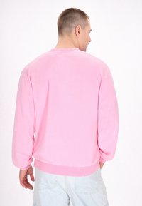 Felpa rosa con maniche lunghe, scollatura e orlo a costa, realizzata in un tessuto morbido. Il retro presenta una vestibilità comoda e una leggera lucentezza.