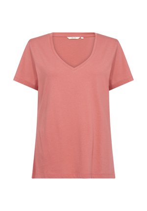 Camiseta de algodón rosa con escote en V, mangas cortas y un corte relajado. Textura suave y diseño sencillo. Sin patrones ni acentos visibles.
