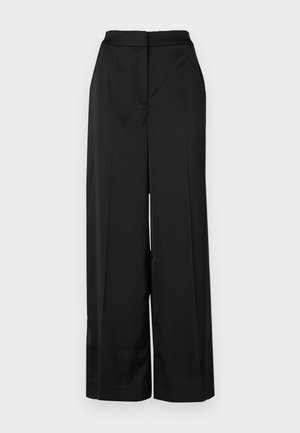 Black wide-leg trousers made from smooth fabric, featuring a high waistband and clean, pleated front with a minimalist design.