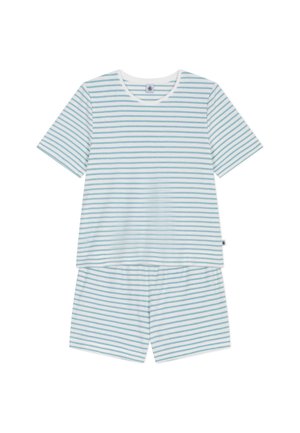 Ensemble comprenant un haut à manches courtes et un short, avec des rayures horizontales bleu clair et blanches, fabriqué en tissu doux, présenté sur un fond blanc.